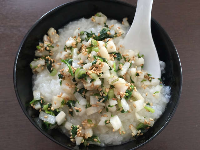 もち米で中華粥風、七草粥